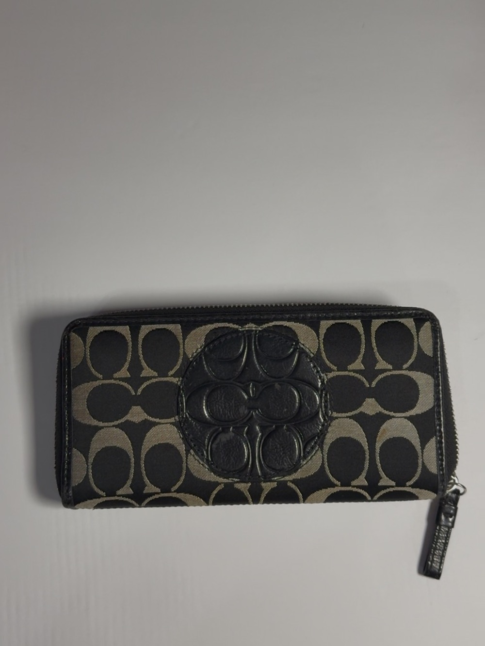 Coach Signature Zip Wallet in Black and Tan Canvas